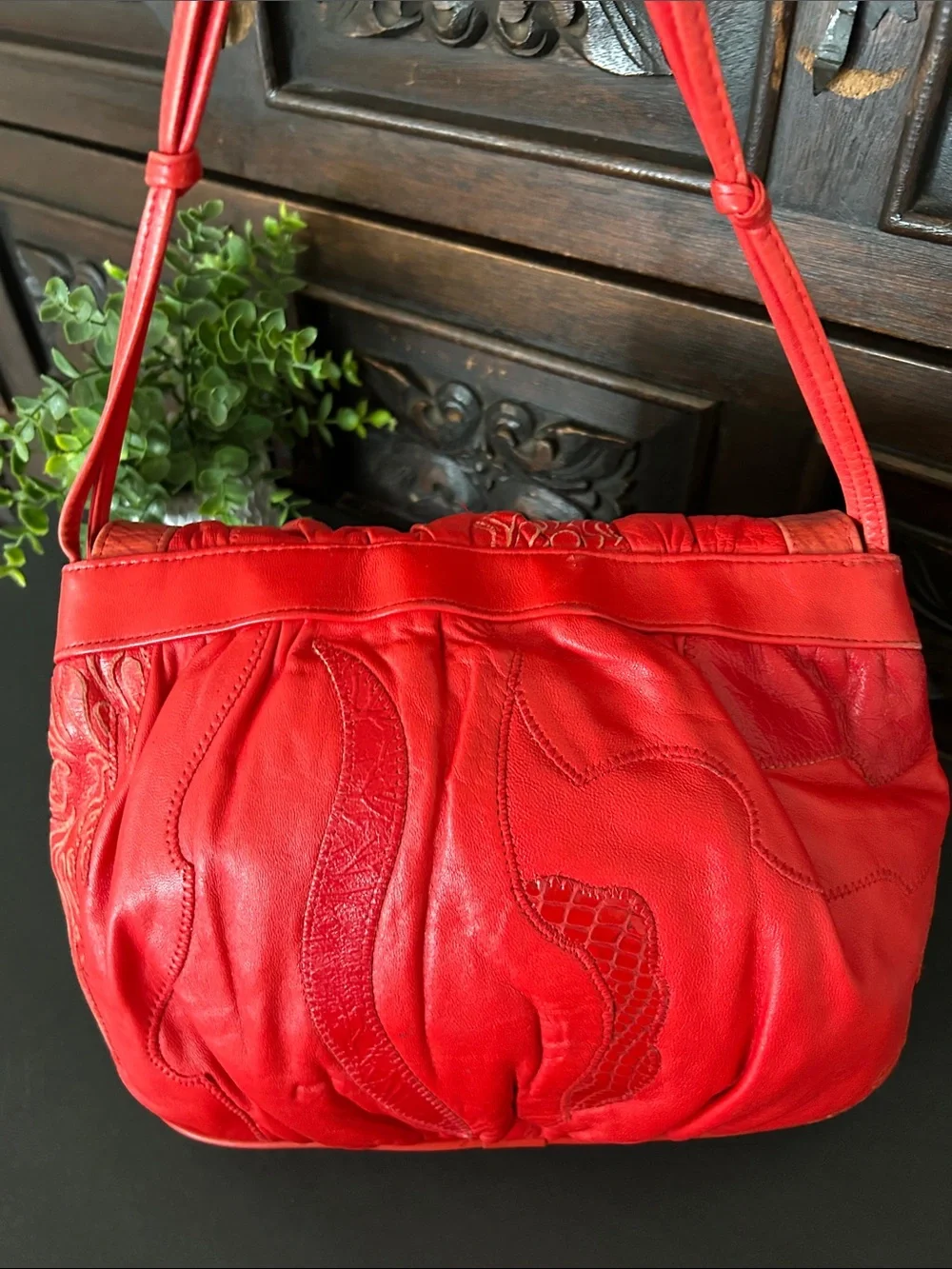 Viva of California Vintage Red Leather Fringe Shoulder Bag with Embossed Detail